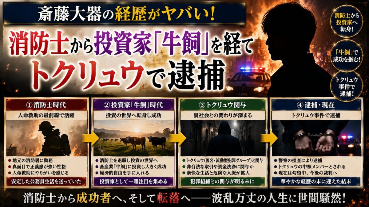 斎藤大器の経歴がヤバい！消防士から投資家「牛飼」を経てトクリュウで逮捕